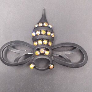 Signed Coro Brooch Black Metal matt finish with Rainbow Rhinestone Bee Brooch